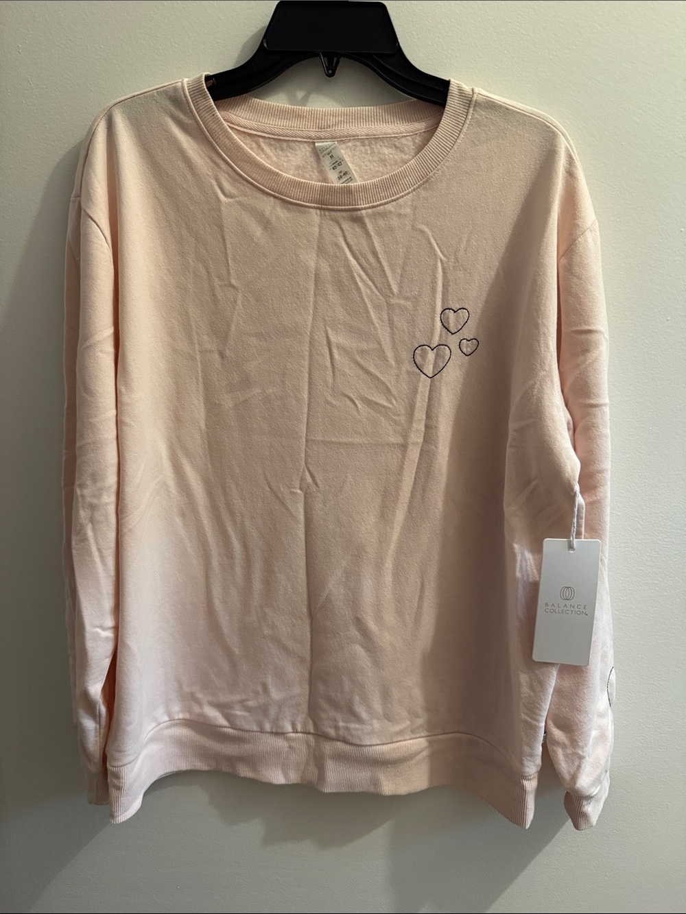 Balance Collection Pale Pink Crewneck Sweater with Heart Embroidery